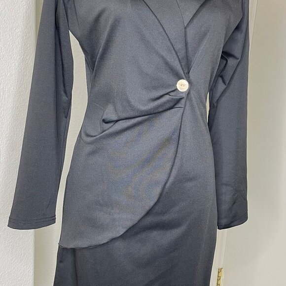 Black Pleated Accent Button Long Sleeve Fauz Wrap Collared Zip Up Dress - Picture 2 of 9